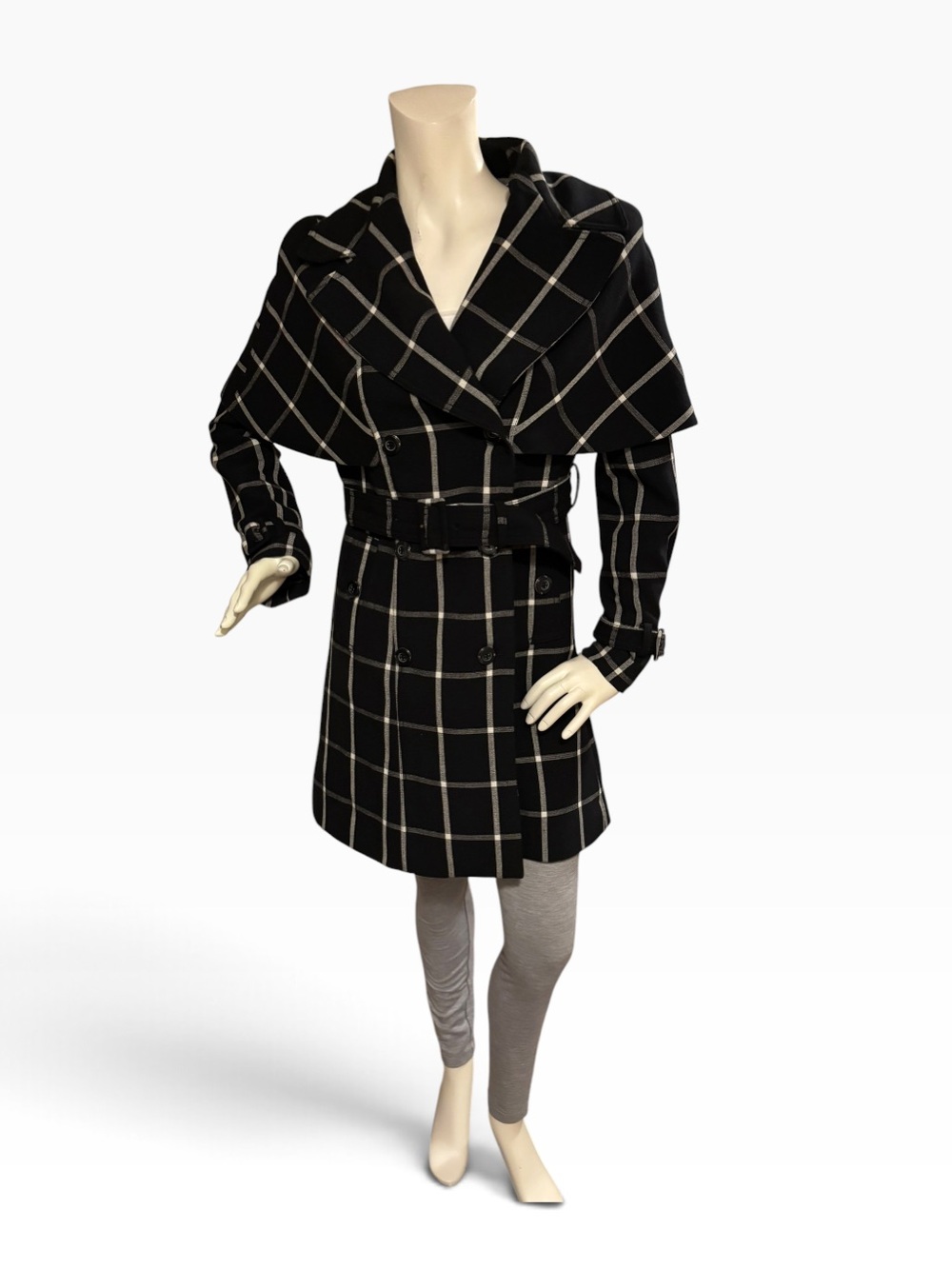 The Limited Scandal Collection Black & White Windowpane Belted Cape Trench, XS